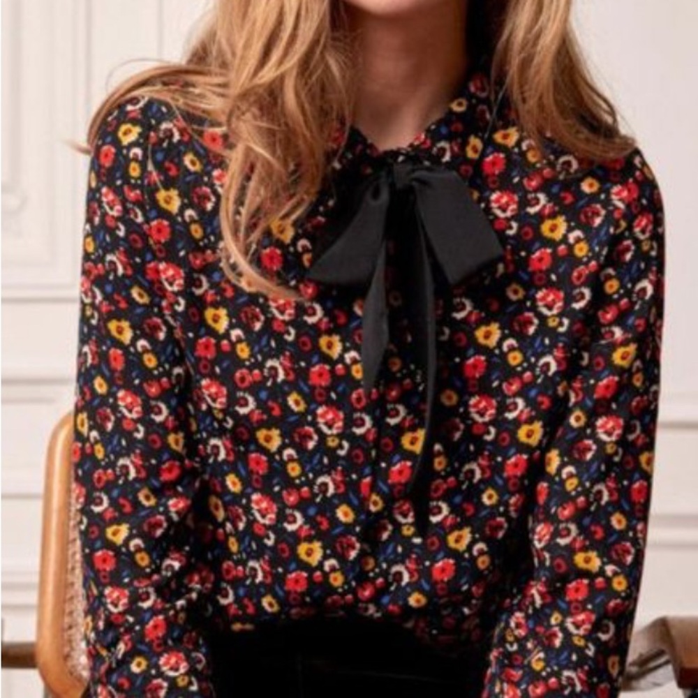 Sezane “Lady” Shirt with Tie | US 4 (Small) | Black & Floral | Great Condition